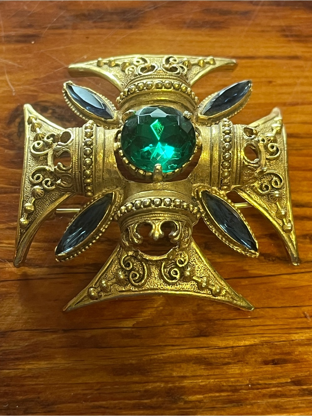 Vintage Flirenza Gold-Tone Brooch with Emerald Center and Blue Accents